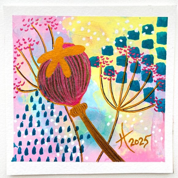 Queen Poppy Original Acrylic Mixed Media Painting 5x5in White Frame Desktop Art - Picture 1 of 4